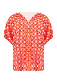 Red patterned blouse featuring a V-neckline, short sleeves, and a geometric design in varying shades of red and orange. Smooth fabric texture.