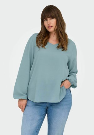 Top azzurro chiaro a maniche lunghe con scollo a V, realizzato in tessuto morbido. Presenta una vestibilità ampia e maniche con polsini. Abbinato a jeans in denim chiaro.
