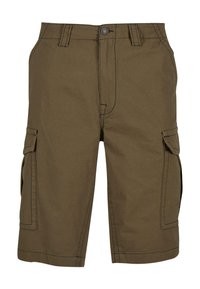 Khaki cargo šortky vyrobené z ľahkého materiálu, s dvoma bočnými vreckami, dvojitými švami a gombíkovým zapínaním v páse.