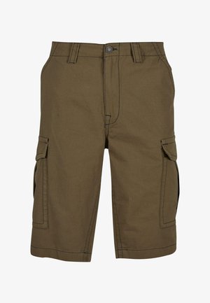 Khaakiowe szorty cargo wykonane z lekkiego materiału, z dwoma bocznymi kieszeniami, podwójnymi szwami i zapięciem na guzik w talii.