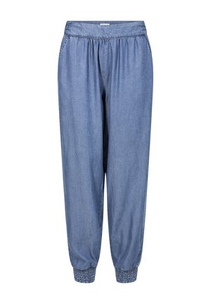 Šviesiai mėlynos džinsinės jogger kelnės su elastine juosmena, šoninėmis kišenėmis ir surinktais rankogalviais, užtikrinančiais laisvą prigludimą. Minkšta tekstūra.