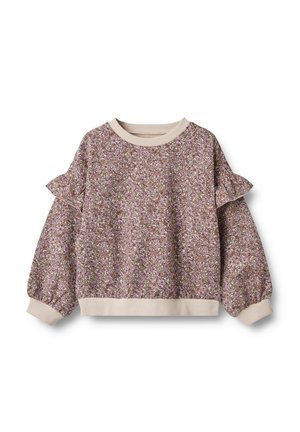 Sweat-shirt à manches longues pour enfants avec motif floral rose, détail à volants sur les manches et poignets, col et ourlet côtelés beige.