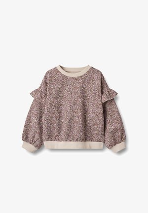 Sweat-shirt à manches longues pour enfants avec motif floral rose, détail à volants sur les manches et poignets, col et ourlet côtelés beige.