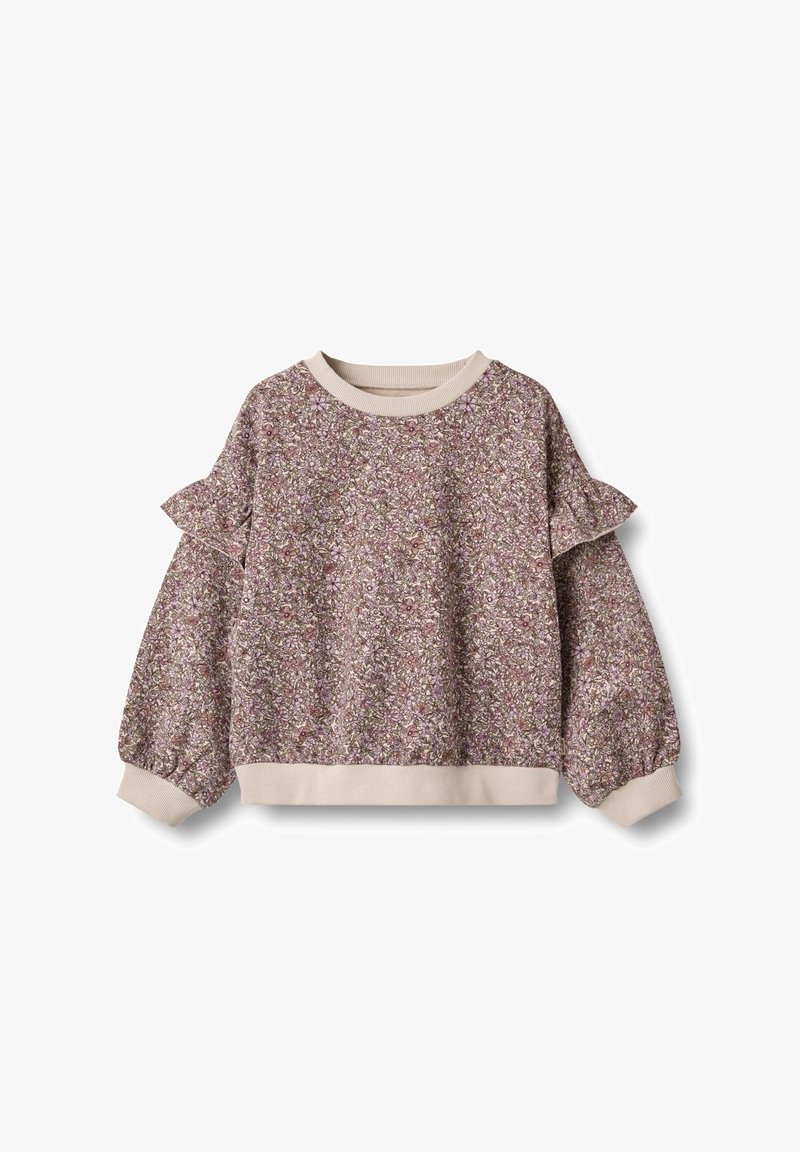 Sweat-shirt à manches longues pour enfants avec motif floral rose, détail à volants sur les manches et poignets, col et ourlet côtelés beige.