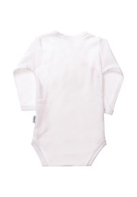 Weißer langärmeliger Bodysuit aus weichem Baumwollmaterial, mit rundem Halsausschnitt, Druckknöpfen am unteren Ende und ohne sichtbare Muster oder Akzente.