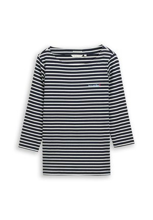 Haut à manches longues rayé bleu marine et blanc avec un large col et un détail de texte brodé sur le côté gauche de la poitrine. Confectionné dans un tissu doux.