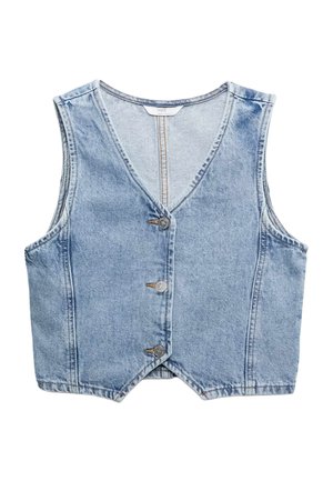 Lyseblå denimvest uden ærmer med V-udskæring og tre metalknapper foran, med diskrete sømme og et mærke indeni.
