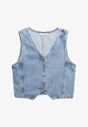 Lyseblå denimvest uden ærmer med V-udskæring og tre metalknapper foran, med diskrete sømme og et mærke indeni.