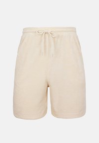Μπεζ βερμούδα από φλις με ελαστική μέση, κορδόνι και πλαϊνές τσέπες, σχεδιασμένη για καθημερινή χρήση.