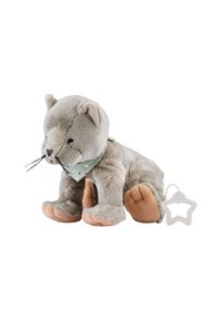 Gray plush cat toy with pink paw accents and a mint green scarf. Features a playful expression and a star-shaped attachment. Soft texture.