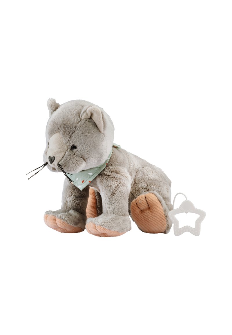 Gray plush cat toy with pink paw accents and a mint green scarf. Features a playful expression and a star-shaped attachment. Soft texture.
