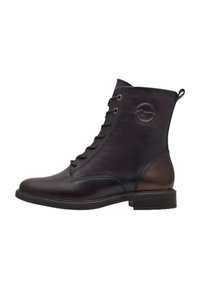 Bottine en cuir marron foncé avec un laçage, bout rond et logo discret sur le côté. Dotée d'une semelle robuste et d'accents texturés.