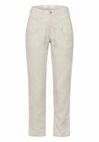 Ljust beige linnebyxor med rak passform, med framfickor och knappstängning. Slät textur och avslappnad design.