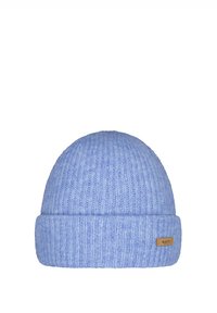 Berretto lavorato a maglia azzurro chiaro con risvolto, motivo a coste texturizzato e un piccolo etichetta beige con il nome del marchio "Barts."
