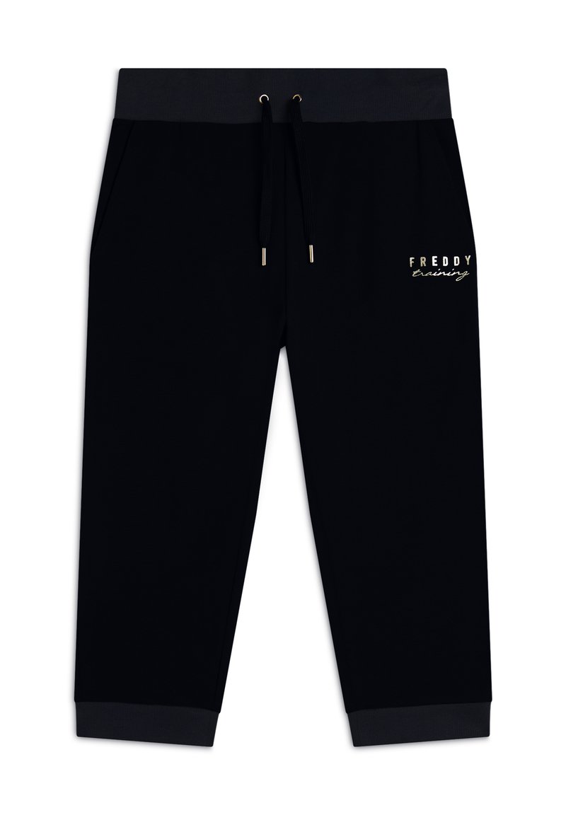 Pantaloni della tuta neri in morbido tessuto, con vita elastica e cordino, tasche laterali e logo gold-tone sul lato sinistro.