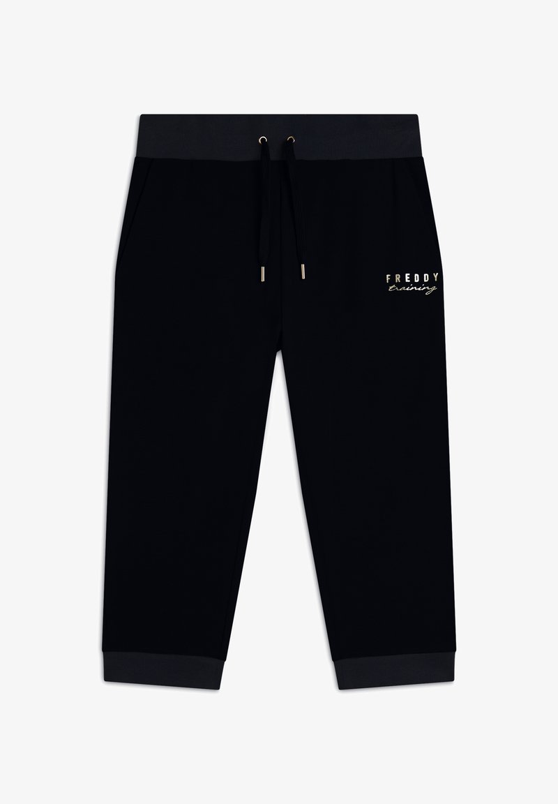 Pantaloni della tuta neri in morbido tessuto, con vita elastica e cordino, tasche laterali e logo gold-tone sul lato sinistro.