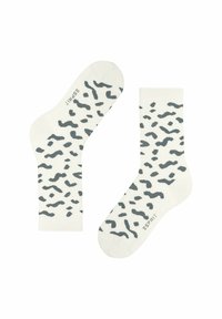 Chaussettes en coton à motifs avec un fond crème et des taches abstraites gris foncé. orteil et talon renforcés. Nom de la marque "ESPRIT" imprimé sur le côté.