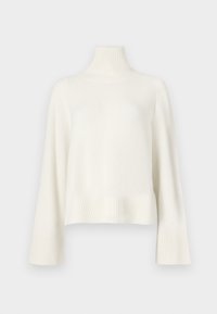 Λευκό πουλόβερ με ζιβάγκο και μακριά μανίκια, κατασκευασμένο από απαλό ύφασμα, με ριμπ υφή στον λαιμό και τις μανσέτες, σε χαλαρή γραμμή.