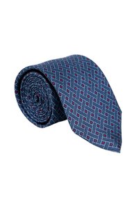 Rullitud sinine kaelarihm, millel on geomeetriline muster, koos ristuvate joonte ja väikeste punaste teemantkujudega valgel taustal.