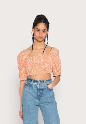 SHORT SLEEVE CROPPED TIE BACK TOP - Blusa - caroline floral apricot tint