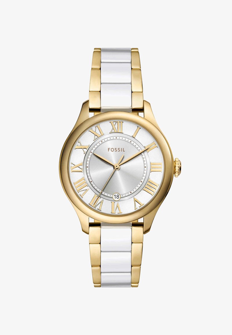 Goldfarbene Uhr mit weißen Keramikgliedern, römischen Ziffern, silbernem Zifferblatt und Datumsanzeige. Verfügt über ein rundes Gehäuse und dekorative Akzente.