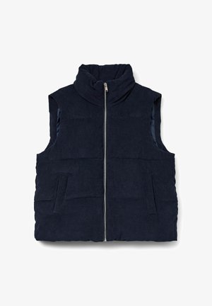Donkerblauw corduroy mouwloos vest met een hoge kraag, ritssluiting aan de voorkant en twee zijzakken; gestructureerde stof met verticale ribbeldetails.