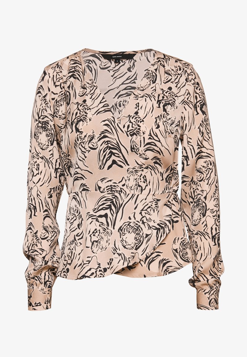 Blouse beige à manches longues avec motif de visage de tigre abstrait noir et rayures, poignets à boutons et col en V.