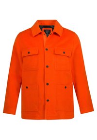 Orange Wollmischung Jacke mit Kragen, schwarzen Knöpfen und zwei vorderen Taschen. Das Design verfügt über einen geraden Schnitt und lange Ärmel.