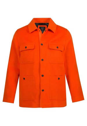 Oranje wollen jack van een wolmix met een kraag, zwarte knopen en twee voorzakken. Het ontwerp heeft een rechte snit en lange mouwen.