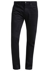 Jean droit noir pour homme avec poches avant et arrière, passants de ceinture et fermeture par bouton et fermeture éclair.