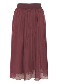 Fustă bordeaux, de lungime până la genunchi, realizată dintr-un material ușor și fluid, cu un elastic în talie. Prezintă un design plisat și o suprapunere puțin translucidă.