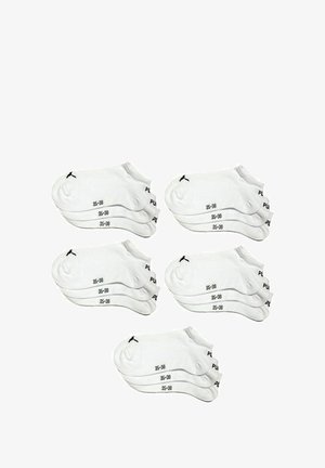 White ankle socks with black logo and size markings. Soft material, low-cut design, and six pairs stacked together.