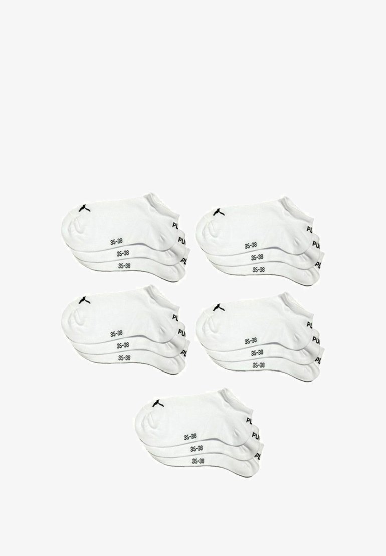 Weiße Knöchelsocken mit schwarzem Logo und Größenmarkierungen. Weiches Material, niedriger Schnitt und sechs Paare übereinander gestapelt.