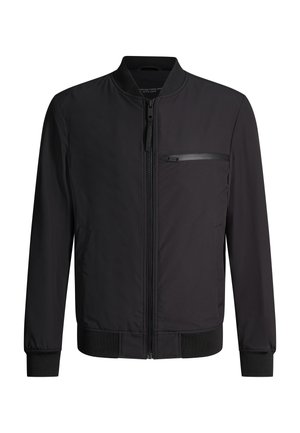 Schwarze Bomberjacke mit Frontreißverschluss, geripptem Kragen, Bündchen, Bund und einer horizontalen Reißverschlusstasche auf der Brust.