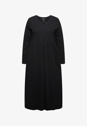 Abito lungo nero con maniche lunghe e scollo a V, caratterizzato da un corpino aderente e una gonna arricciata. Realizzato in tessuto morbido, offre una silhouette rilassata.