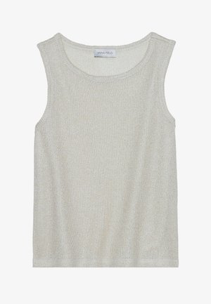 Lichtgrijs mouwloos topje van een zachte, gestructureerde brei-stof. Heeft een ronde halslijn en een losse pasvorm. Het label binnenin zegt "ANNA FIELD".