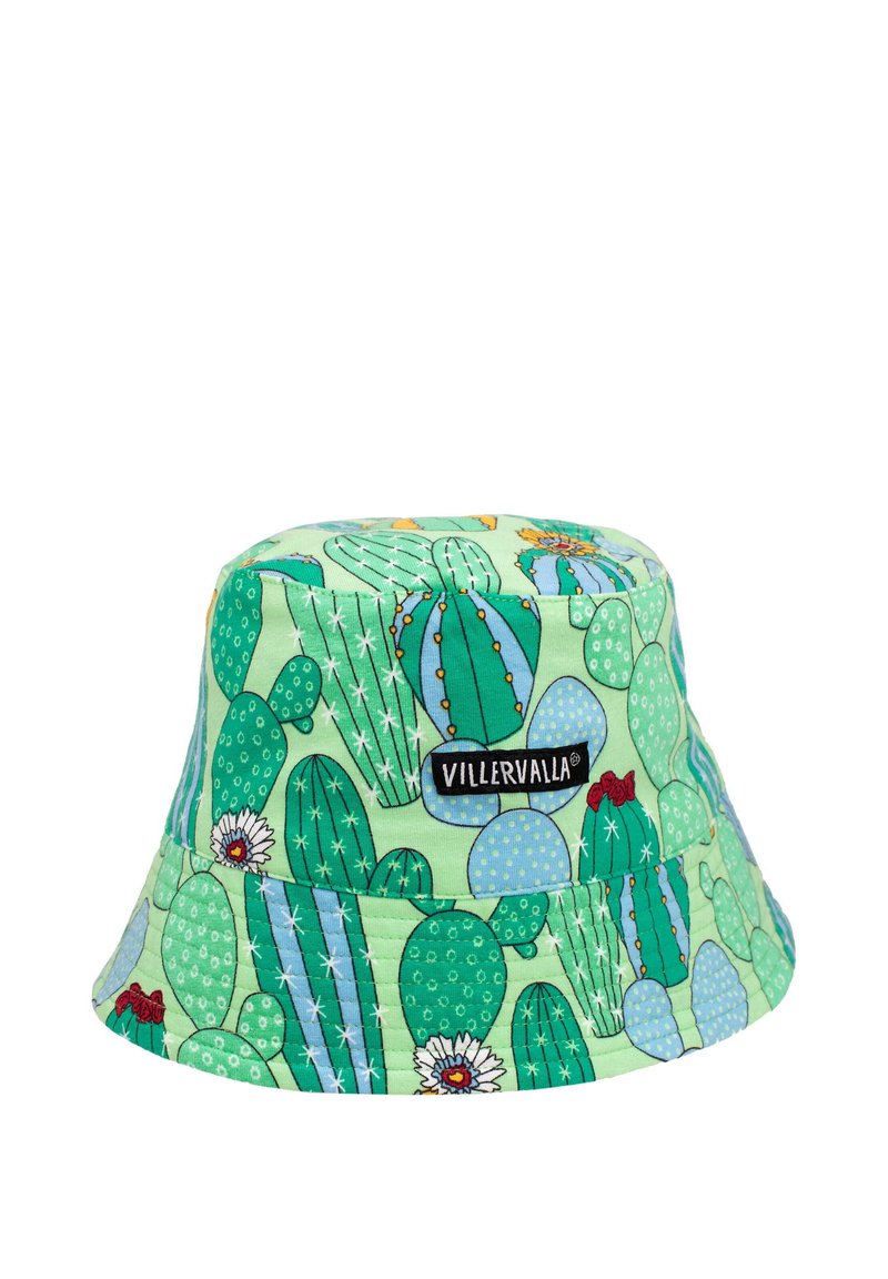 Cappello a secchiello in cotone con una stampa colorata di cactus su uno sfondo verde chiaro. Presenta un'etichetta del brand intrecciata sul lato.