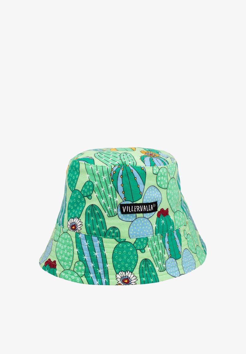 Cappello a secchiello in cotone con una stampa colorata di cactus su uno sfondo verde chiaro. Presenta un'etichetta del brand intrecciata sul lato.