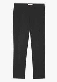 Schwarze maßgeschneiderte Hose aus glattem Stoff, mit geradem Bein, dezentem Musterdetail und standardischem Bund mit Gürtelschlaufen.