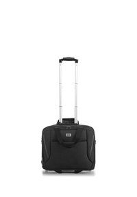 Borsa per laptop nera su ruote con manici doppi, manico telescopico in alluminio, tessuto a trama, tasca anteriore e chiusura con zip liscia.