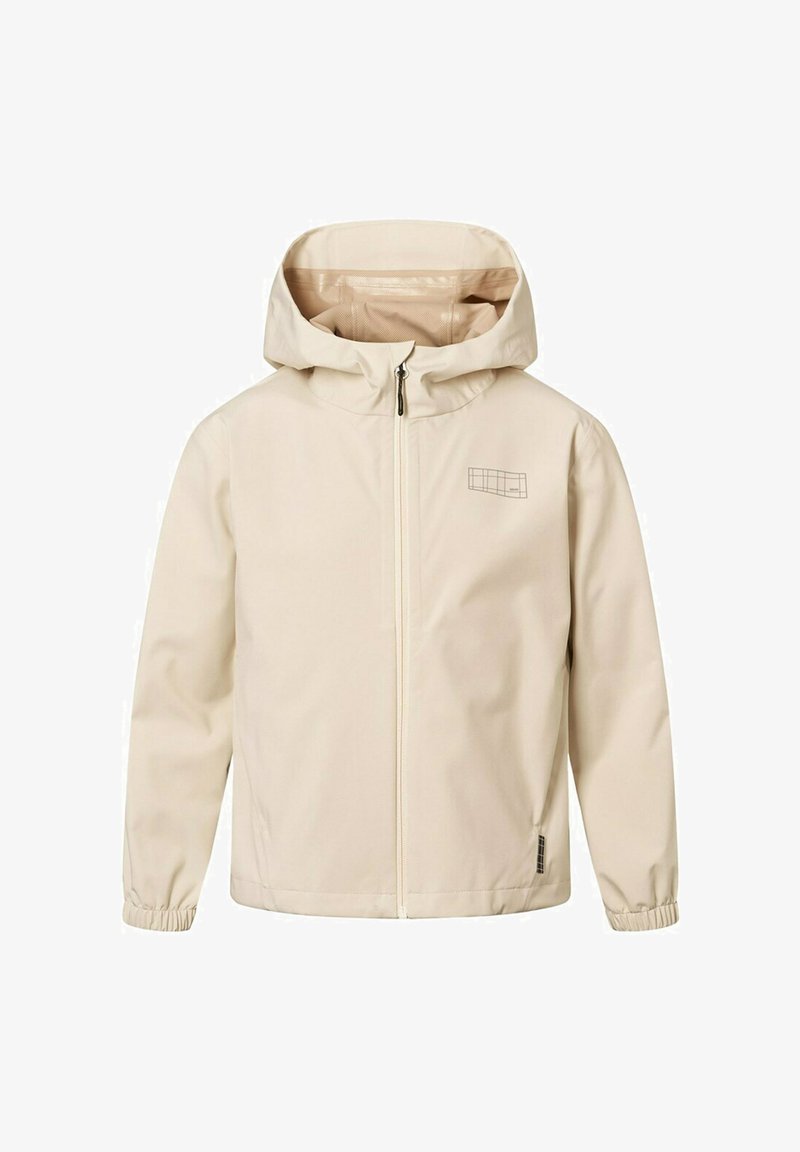 Veste légère beige clair avec capuche, fermeture éclair à l'avant, poignets élastiques et petit motif géométrique sur la poitrine. Texture lisse.