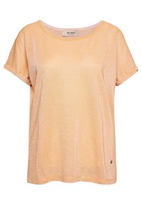 Lyhythihainen t-paita pehmeästä, kiiltävästä persikkakankaasta. Rentomallinen, jossa on tilava pääntie ja taitetut hihat. Huomaamaton logo yksityiskohtana helmassa.