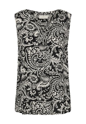 Čierny tielkový top bez rukávov s bielym zložitým kvetinovým vzorom paisley a miernym výstrihom do V, označený značkou Kaffe.