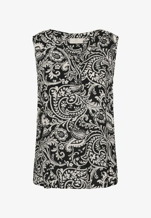 Top nero senza maniche con stampa floreale paisley bianca intricata e leggero scollo a V, etichettato con il marchio Kaffe.