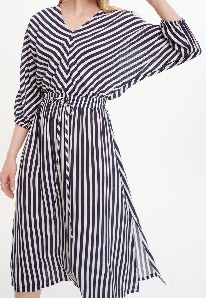 Marineblaues und weiß gestreiftes Kleid mit V-Ausschnitt, Ballonärmel und gebundenem Taillenbund. Der leichte Stoff hat vertikale Streifen und ein fließendes Design.