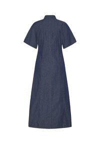 Vue de dos d'une robe midi en jean bleu foncé à manches courtes, col et jupe évasée, présentée sur fond blanc uni.