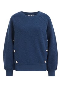 Marinblå sweatshirt med ett texturerat geometriskt mönster, raglansärmar och silverfärgade knappar som accent på sidan. Ribbad nederkant och ärmslut.