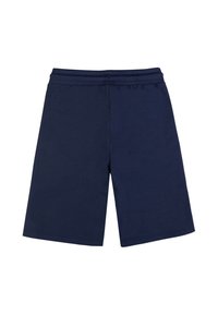 Pantaloni sportivi blu navy realizzati in morbido cotone misto, con vita elastica e lunghezza fino a metà coscia, senza motivi o dettagli visibili.