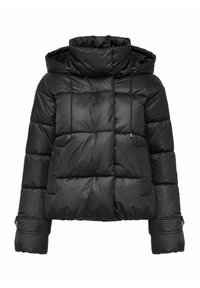 Czarna kurtka puchowa z kapturem, z pikowanymi sekcjami, regulowanymi sznurkami i bocznymi kieszeniami z zatrzaskami.