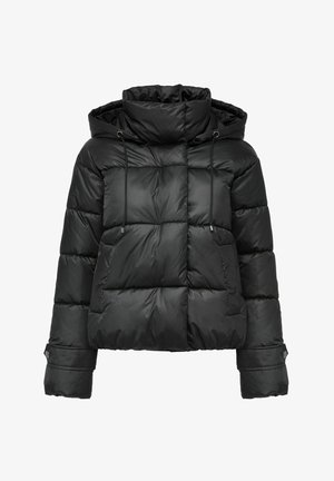 Czarna kurtka puchowa z kapturem, z pikowanymi sekcjami, regulowanymi sznurkami i bocznymi kieszeniami z zatrzaskami.